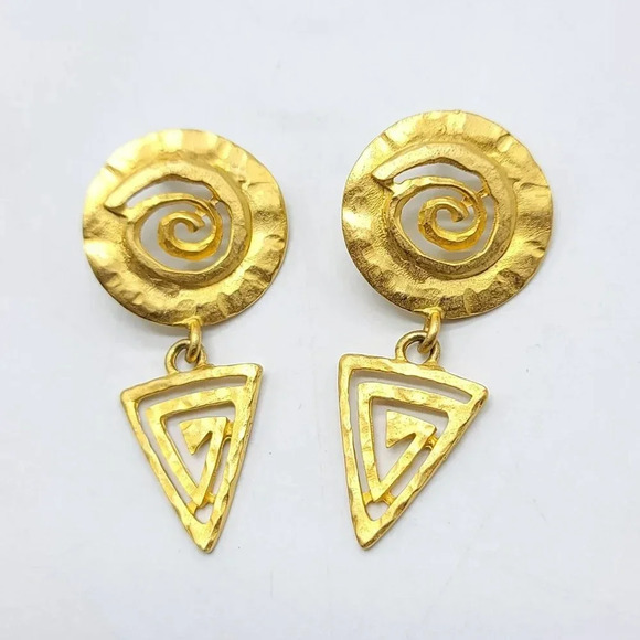 Val Gold Tone Chunky Aztec Style Post Dangle Earrings - Picture 4 of 4